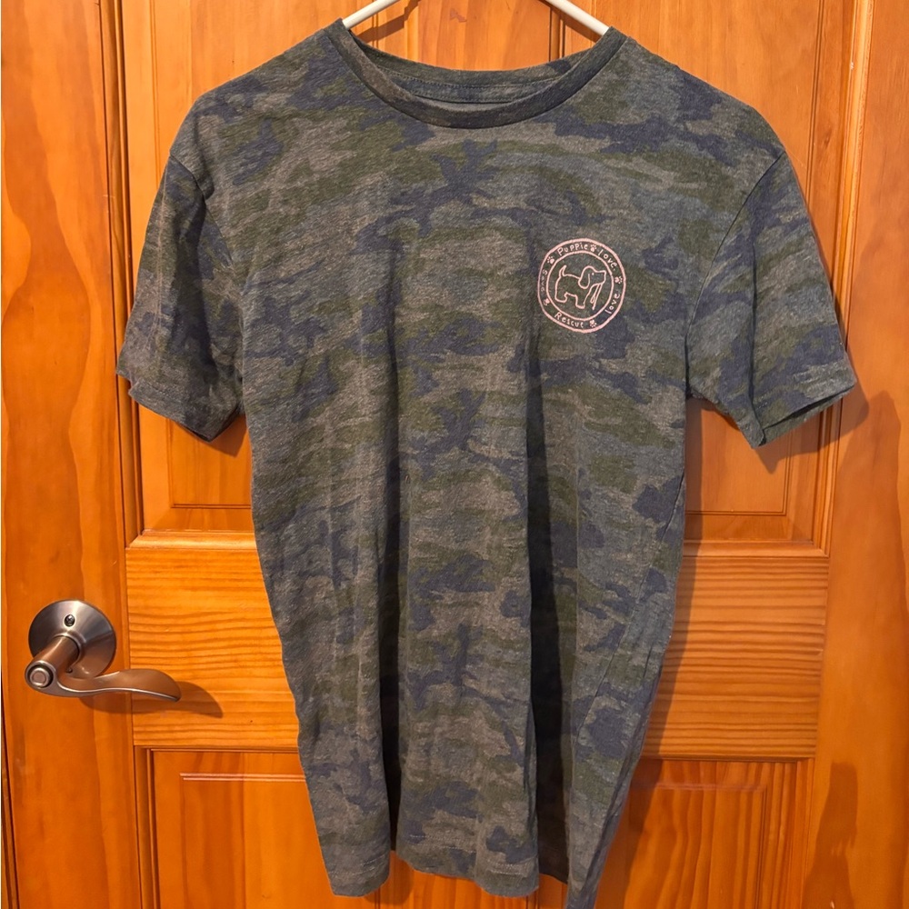 Puppie Love Camo Short Sleeve Tee Shirt With Light Pink Accents